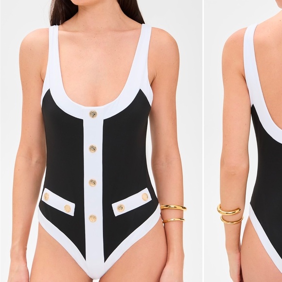 Stylish Black and White Buttoned Swimsuit - Picture 3 of 13